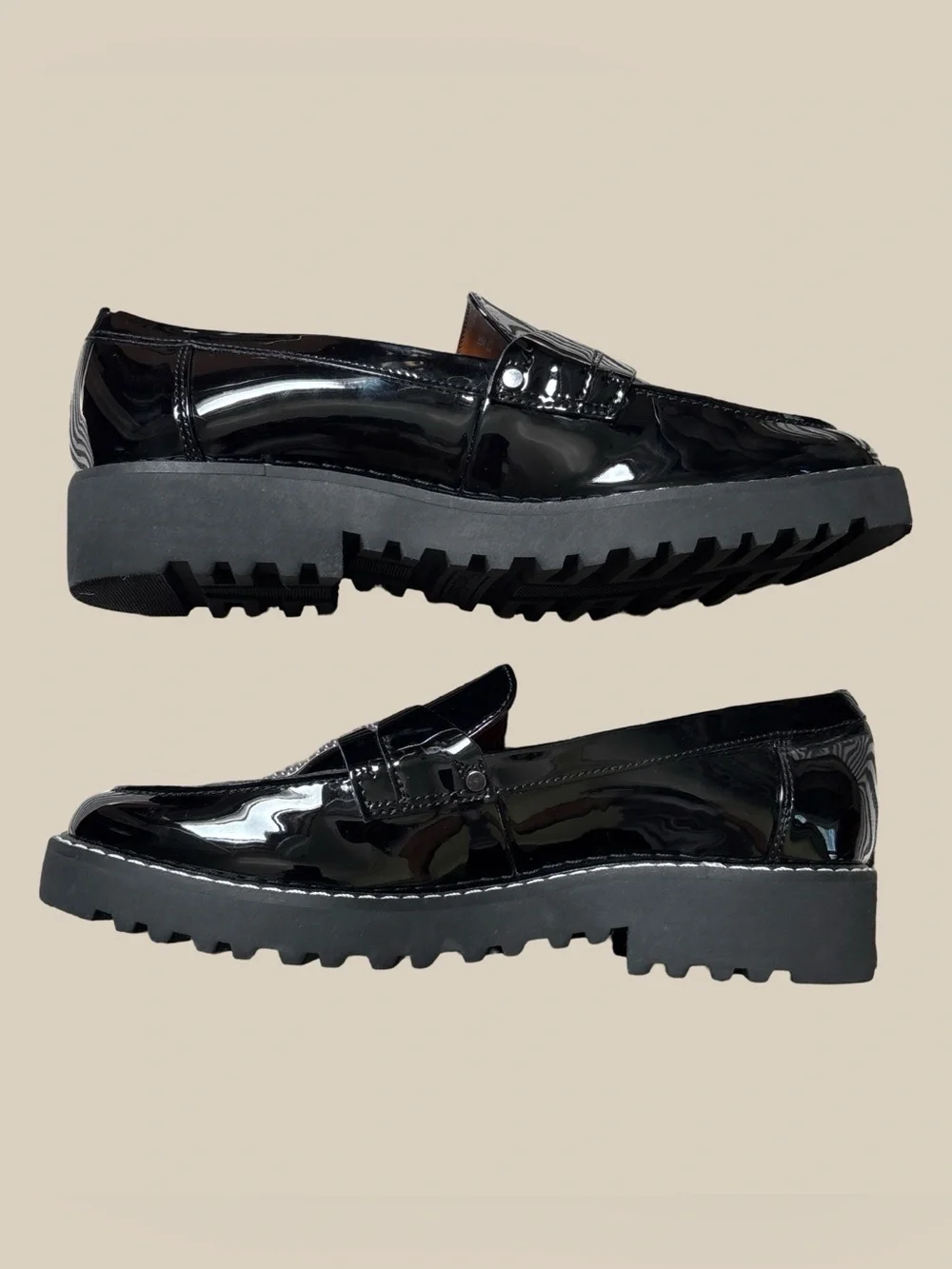Franco Sarto Cassandra Black Patent Penny Loafers Chunky Platform NWOB SZ 6.5